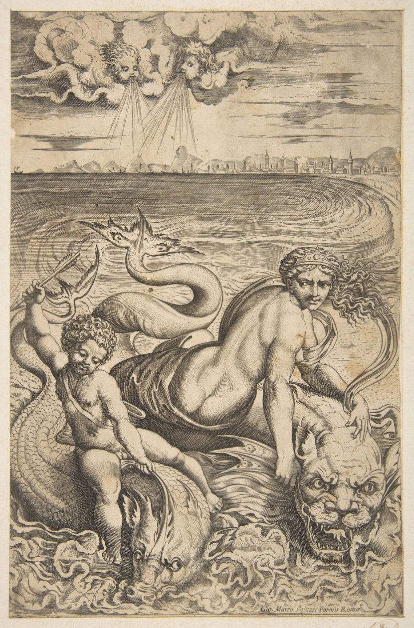 Wenus i Kupidyn dosiadają dwóch morskich potworów, Kupidyn unosi strzałę w prawej ręce, t..., ca. 1515-27. autorstwa Marco Dente