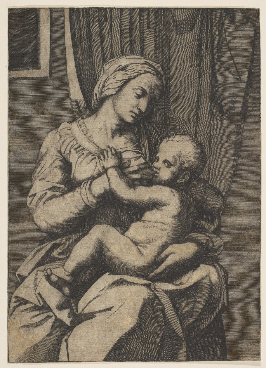 Dziewica karmiąca Dzieciątko Chrystus na kolanach, 1515-20. autorstwa Marco Dente
