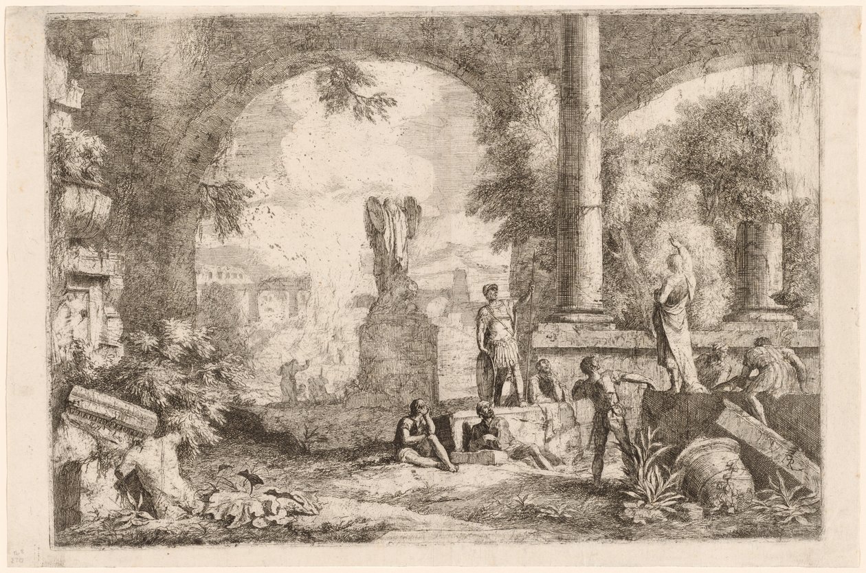 Capriccio antycznych ruin z mężczyznami wpatrującymi się w klasycznego oratora autorstwa Marco Ricci