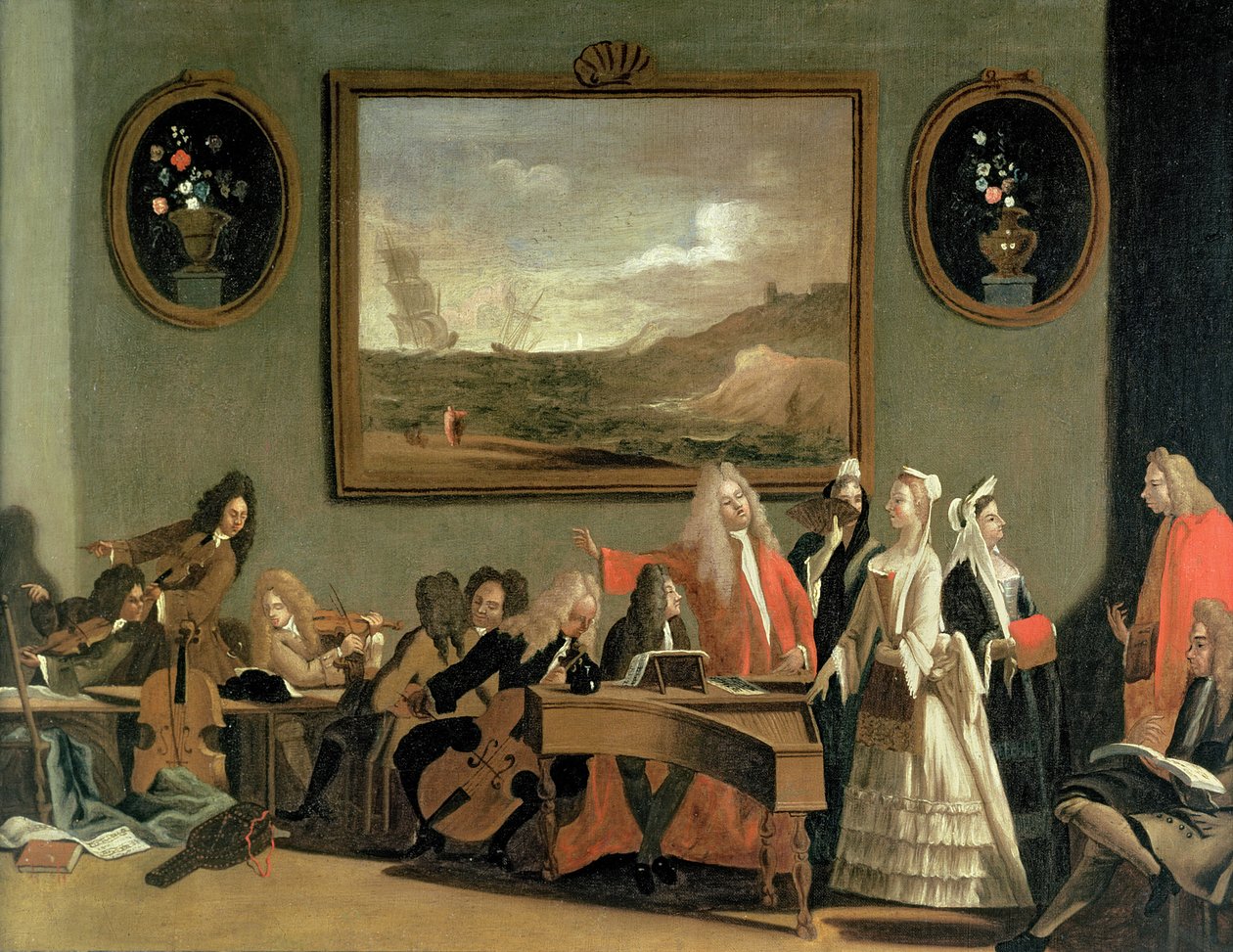 Próba opery, podobno Pyrrus i Demetriusz, która odbyła się w sali ćwiczeń w Haymarket Theatre, 1709 r. autorstwa Marco Ricci