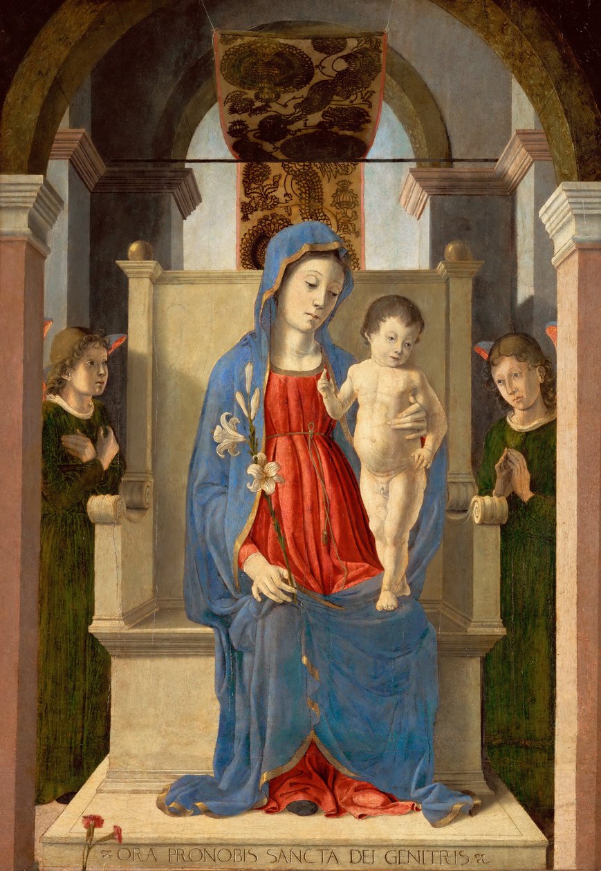 Dziewica z lilią (z Dzieciątkiem Jezus na tronie, w otoczeniu dwóch aniołów) - Dziewica z lilią, autorstwa Zoppo, Marco (1433-1478). Tempera i olej na drewnie autorstwa Marco Zoppo