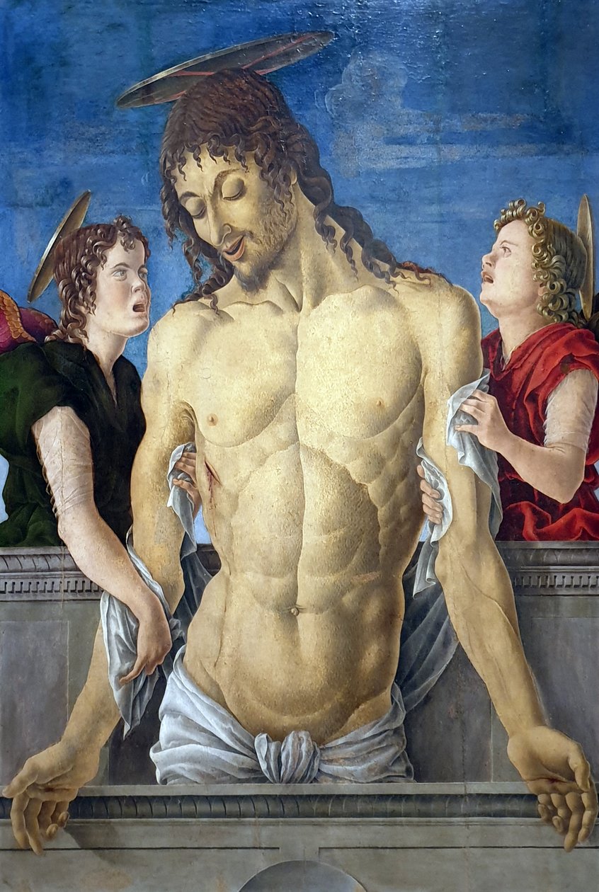 Martwy Chrystus podtrzymywany przez dwa anioły autorstwa Marco Zoppo