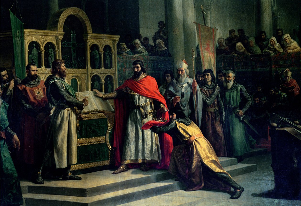 Przysięga Santa Gadea, El Cid Campeador (ok. 1043-99) wyciąga przysięgę od Alfonsa VI (ok. 1040-1109), króla Kastylii, że w roku 1072 nie brał udziału w zabójstwie swojego brata Sancho II (ok.1083-1072) (olej na płótnie) autorstwa Marcos Hiraldez de Acosta