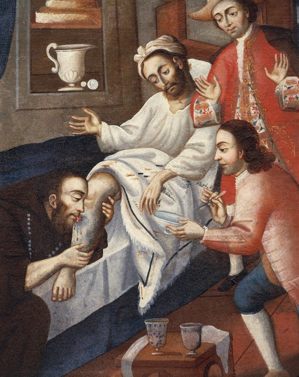 Religijni mężczyźni leczący pacjenta w szpitalu św. Andrzeja w Cuzco (olej na płótnie) autorstwa Marcos Zapata