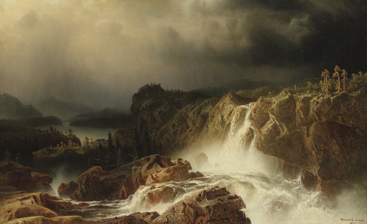 Skalisty krajobraz z wodospadem w Smalandii, 1859 autorstwa Marcus Larson