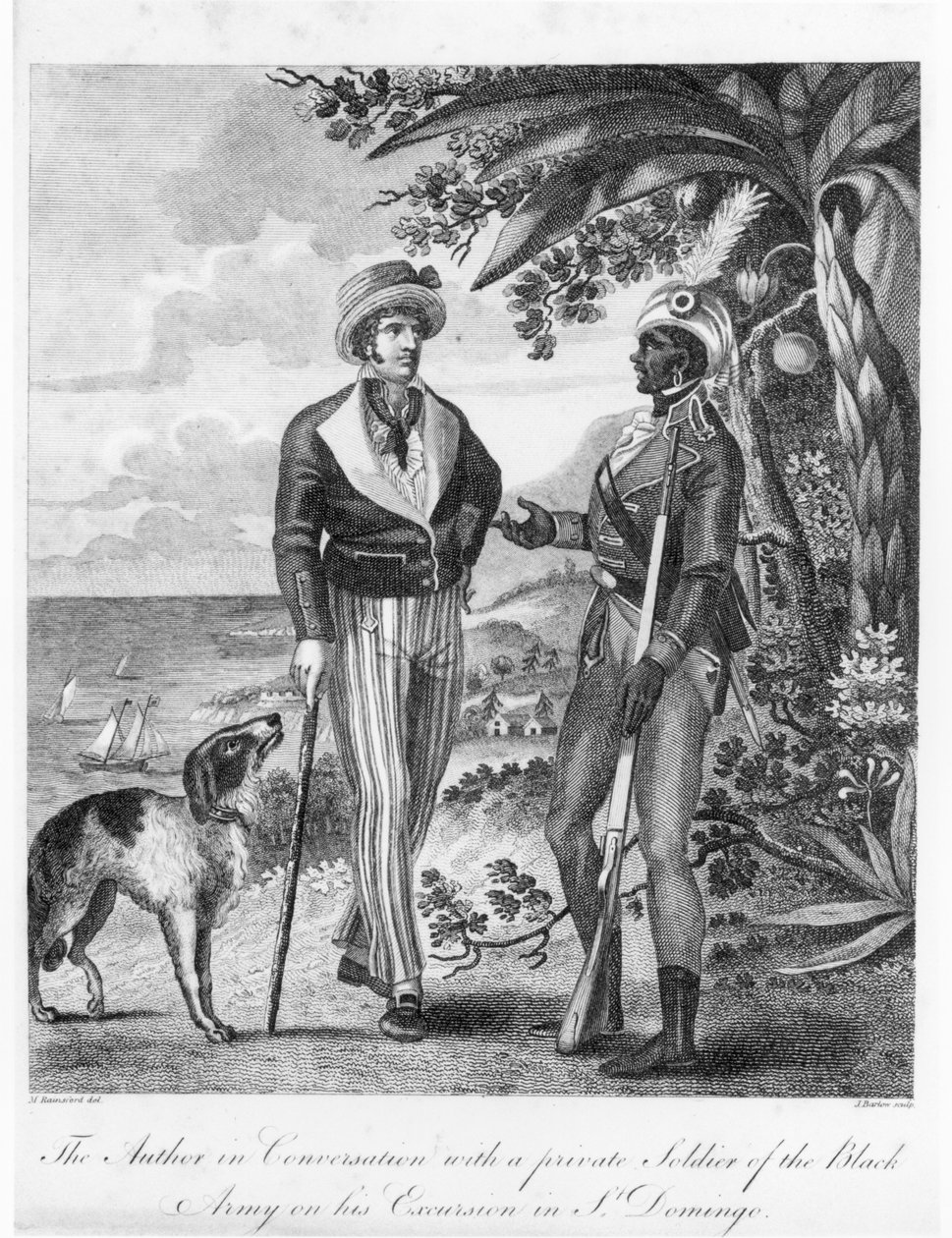 Kapitan Marcus Rainsford (ok. 1750-c.1805) z prywatnym żołnierzem Czarnej Armii, frontispis do „An Historical Account of the Black Empire of Hayti”, opublikowanej w 1805 r. autorstwa Marcus Rainsford