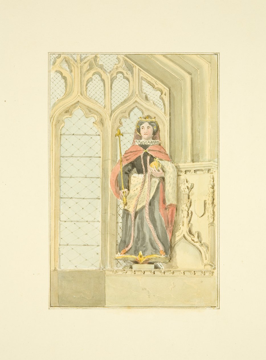 Figura królowej Elżbiety w kaplicy Mariackiej St Mary Redcliffe (ołówek i akwarela na papierze) autorstwa Marcus H. Homes