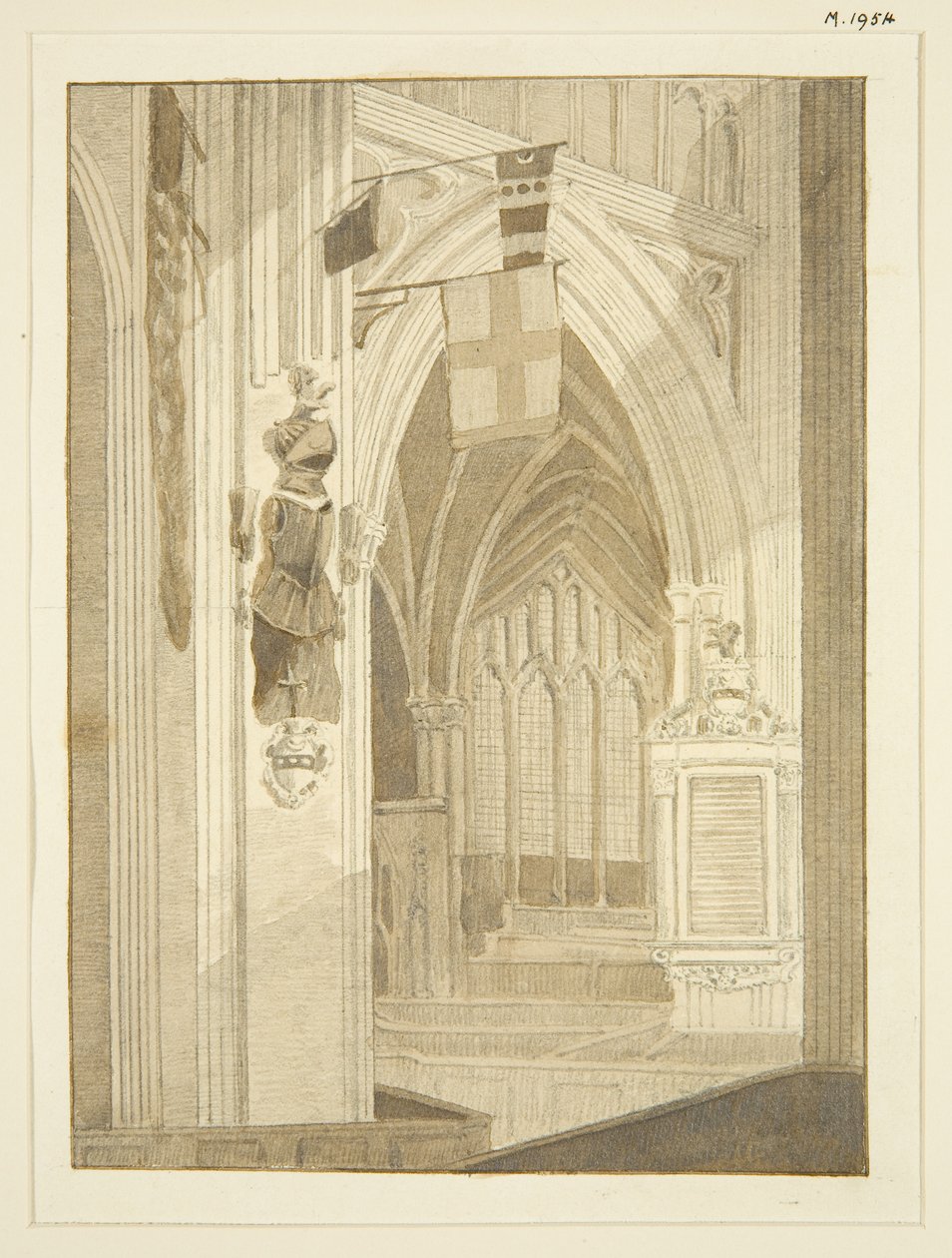 Pomnik Penna, banery itp. w St Mary Redcliffe (ołówek i akwarela na papierze) autorstwa Marcus H. Homes
