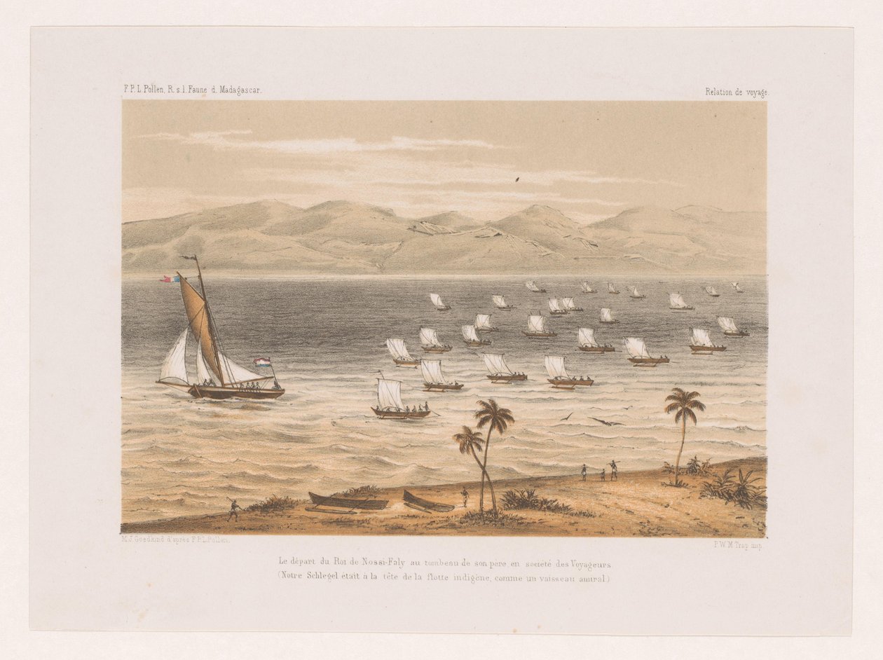 Wyjazd króla Nossi-Faly na pogrzeb ojca Le départ du Roi de Nossi-Faly au tombeau de son père en société des Voyageurs (...) (tytuł obiektu) Podróż François P.L. Pyłek na Madagaskar (tytuł serii) FPL Pyłek R. s autorstwa Marcus Jacob Goedkind