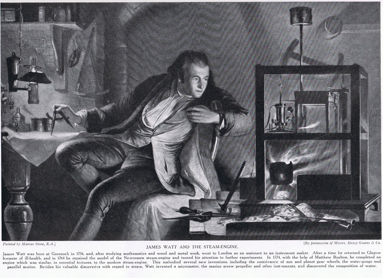 James Watt i silnik parowy, ilustracja z „Hutchinson