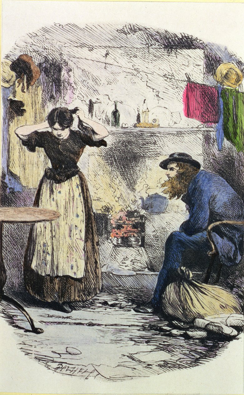 Pleasant Riderhood and John Harmon, ilustracja z „Naszego wspólnego przyjaciela” Charlesa Dickensa (1812-70) 1864-65 (kolorowa grawerunek) autorstwa Marcus Stone