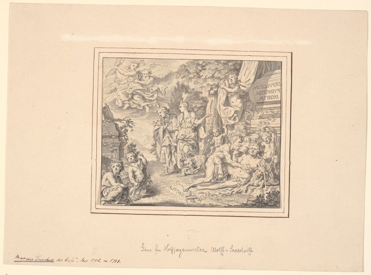 Alegoryczny liść z utopionym Silenusem i innymi mitologicznymi i alegorycznymi postaciami przy sarkofagu z napisem: "Sepulcrum pudicitiae mortae" autorstwa Marcus Tuscher