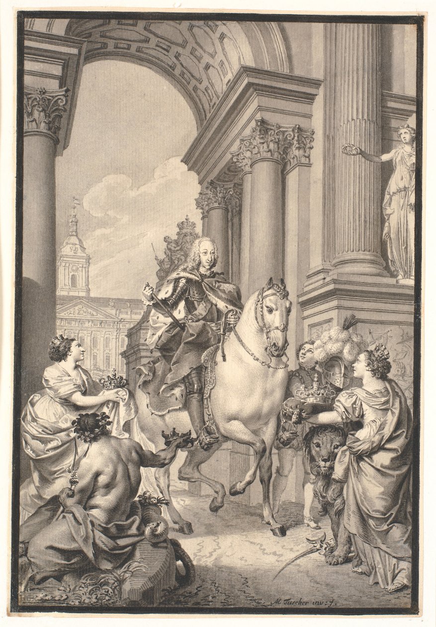 Przygotowanie do malowania: Dania i Norwegia oddają hołd Chr. VI (spalony Christiansborg 1794) autorstwa Marcus Tuscher