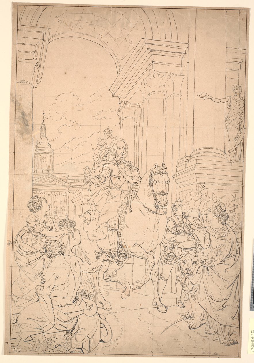 Szkic do obrazu: Dania i Norwegia oddają hołd Chr. VI (spalony Christiansborg 1794) autorstwa Marcus Tuscher