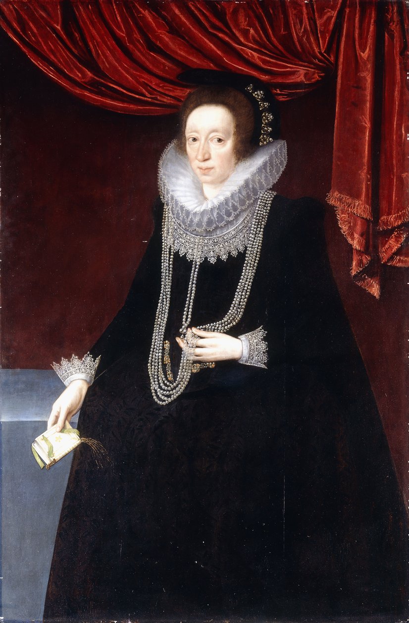 Portret Margaret Belasyse, w czarnej sukni, z perłowym naszyjnikiem i księgą w prawej ręce autorstwa Marcus the Younger Gheeraerts
