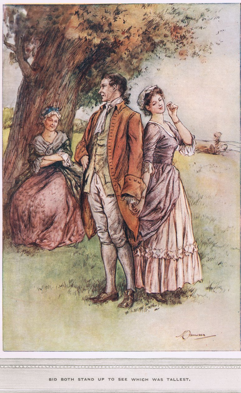 „Licytuj obaj wstań, aby zobaczyć, który był najwyższy”, ilustracja z „Wikariusza Wakefielda” Olivera Goldsmitha, ok. 1910 autorstwa Margaret Jameson
