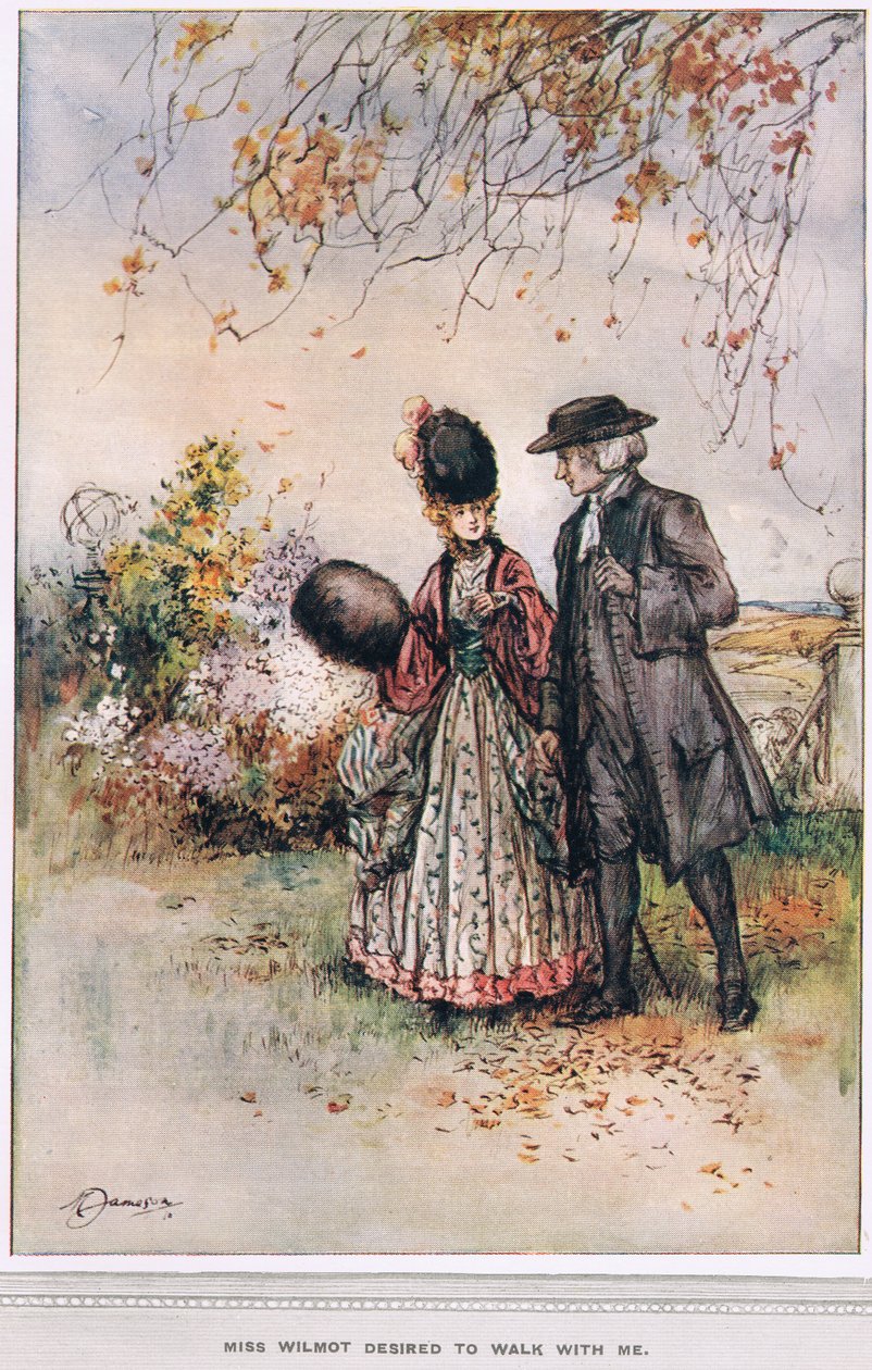 Panna Wilmot pragnie się ze mną przespacerować", ilustracja z "Wikariusza z Wakefield" Olivera Goldsmitha, ok. 1910 r. autorstwa Margaret Jameson