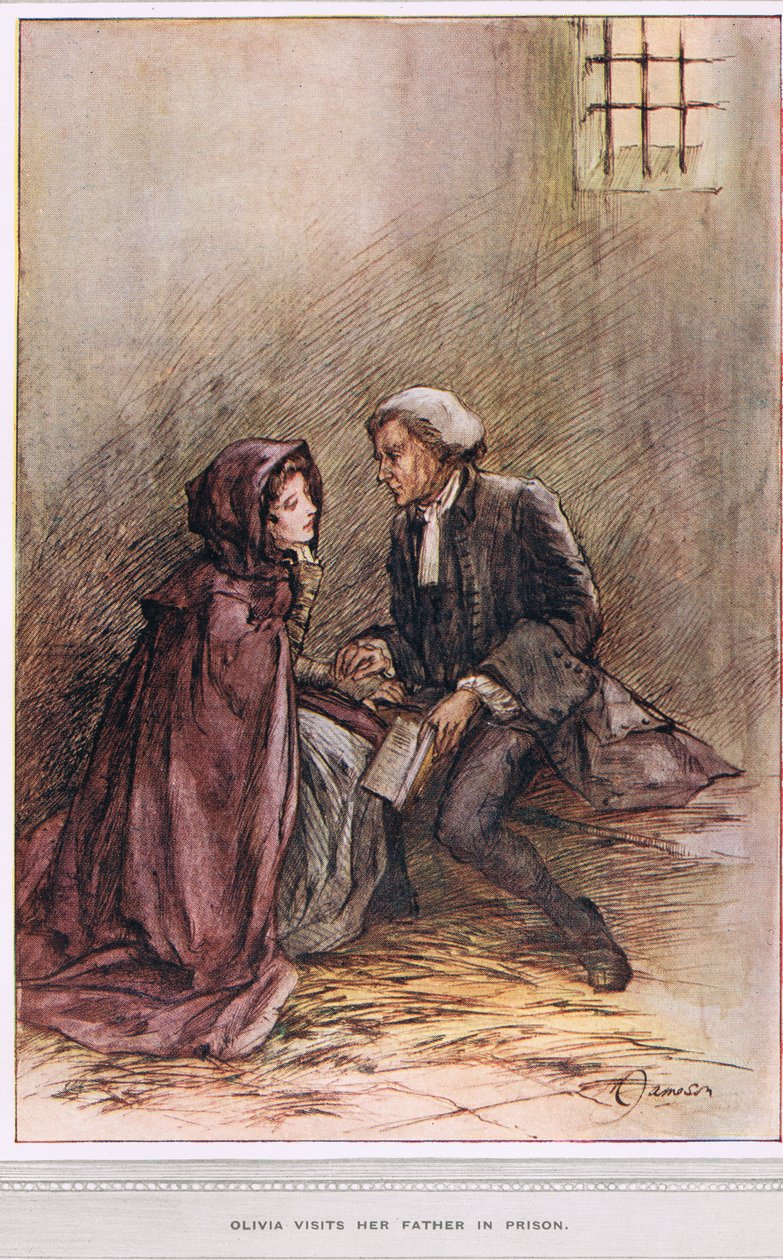 Olivia odwiedza ojca w więzieniu, ilustracja z „Wikariusza Wakefielda” Olivera Goldsmitha, ok. 1910 autorstwa Margaret Jameson