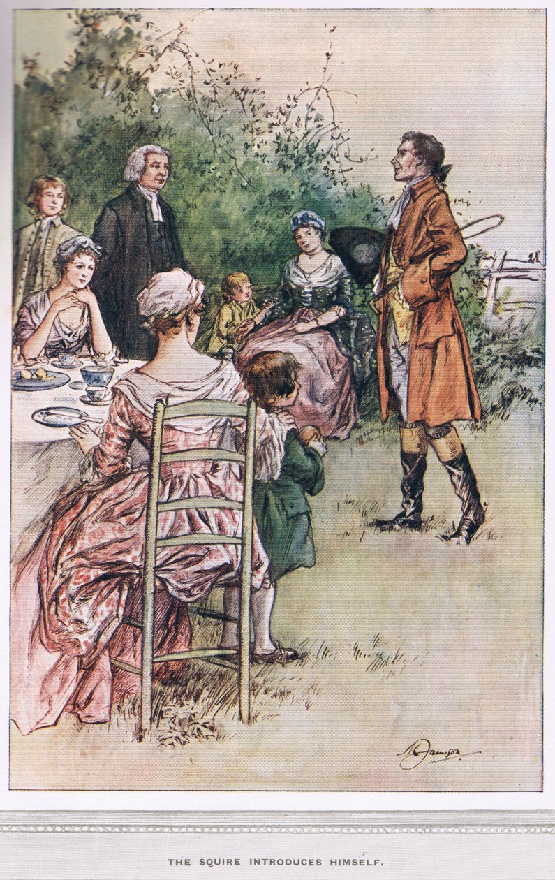 Squire przedstawia się, ilustracja z „Wikariusza Wakefielda” Olivera Goldsmitha, ok. 1910 autorstwa Margaret Jameson