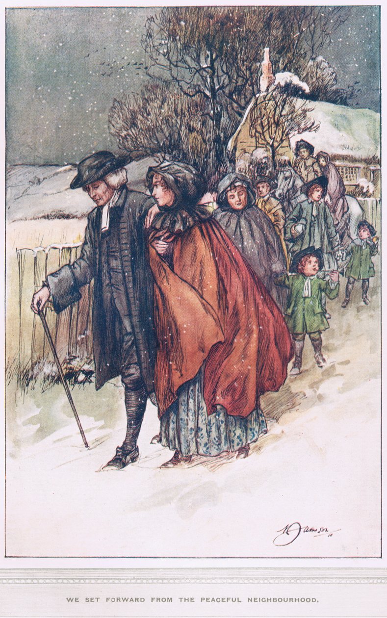 „Wyruszyliśmy ze spokojnego sąsiedztwa”, ilustracja z „Wikariusza Wakefielda” Olivera Goldsmitha, ok. 1910 autorstwa Margaret Jameson