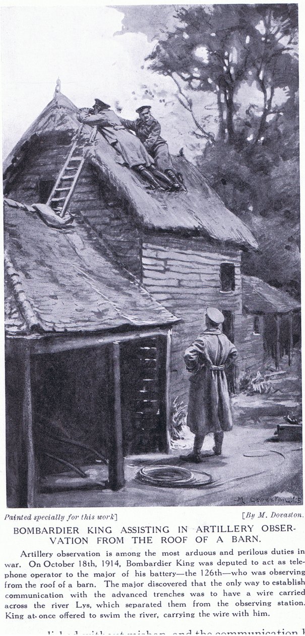 Bombardier King asystujący przy obserwacjach artyleryjskich z dachu stodoły po drugiej stronie rzeki Lys, październik 1914 r. (litografia) autorstwa Margaret Dovaston