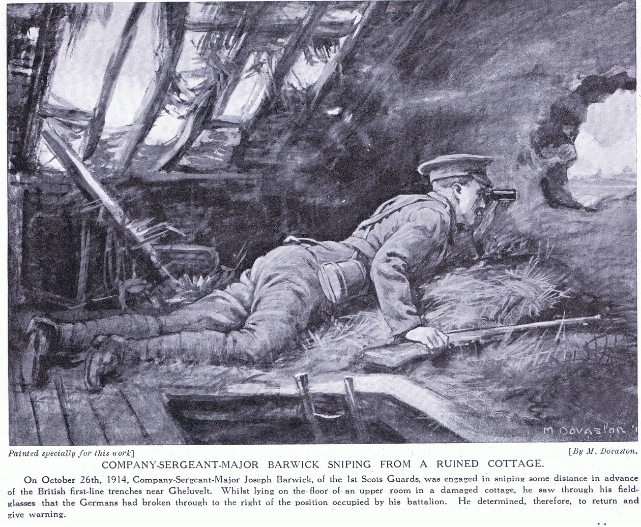 Starszy sierżant kompanii Barwick strzelający ze zrujnowanej chaty w Ghehuvelt, październik 1914 r. (litografia) autorstwa Margaret Dovaston
