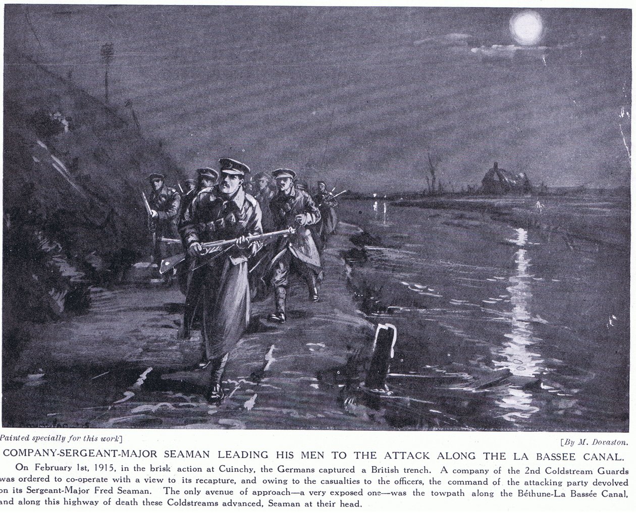 Starszy sierżant kompanii Seaman prowadzący swoich ludzi wzdłuż kanału La Basse, luty 1915 r. (litografia) autorstwa Margaret Dovaston