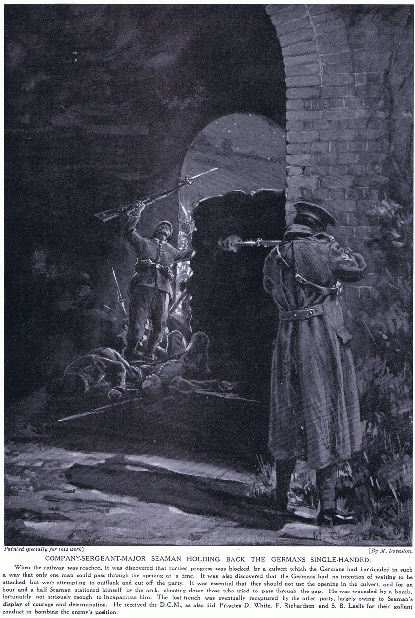 Starszy sierżant kompanii Seaman zdobył DCM za powstrzymanie ataku niemieckiego w lutym 1915 r. (litografia) autorstwa Margaret Dovaston