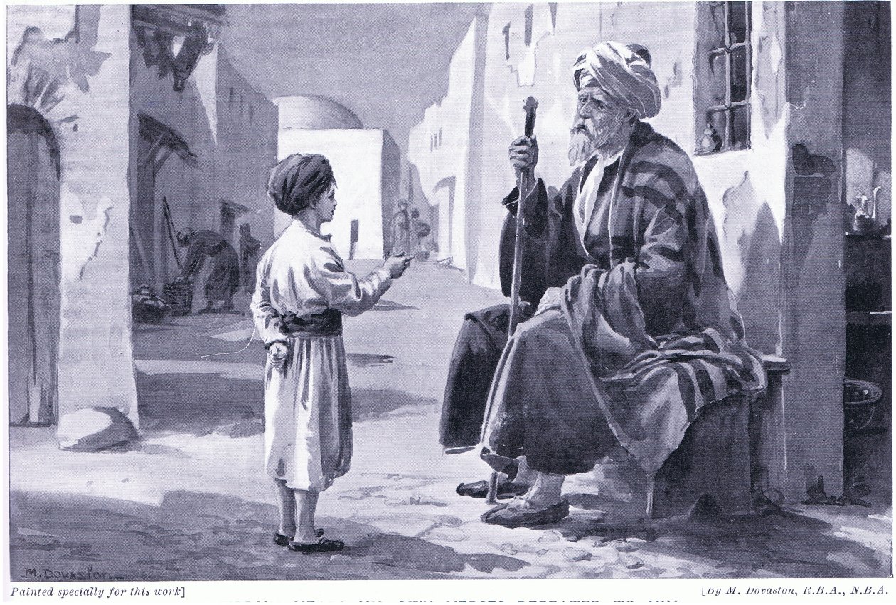 Ferdusi (941-1020 n.e.) słyszy swoje własne wersety powtarzane do niego (litografia) autorstwa Margaret Dovaston