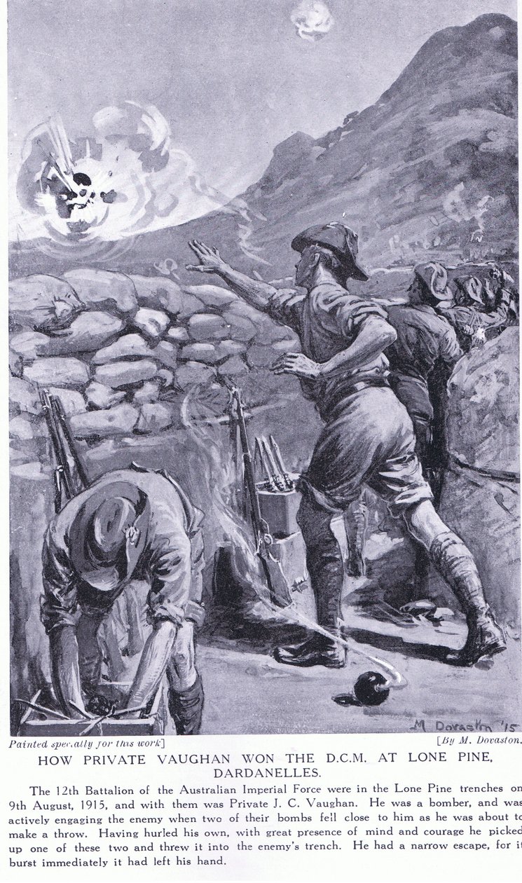 Jak szeregowy Vaughan zdobył DCM pod Lone Pine w Dardanelach w sierpniu 1915 r. (litografia) autorstwa Margaret Dovaston