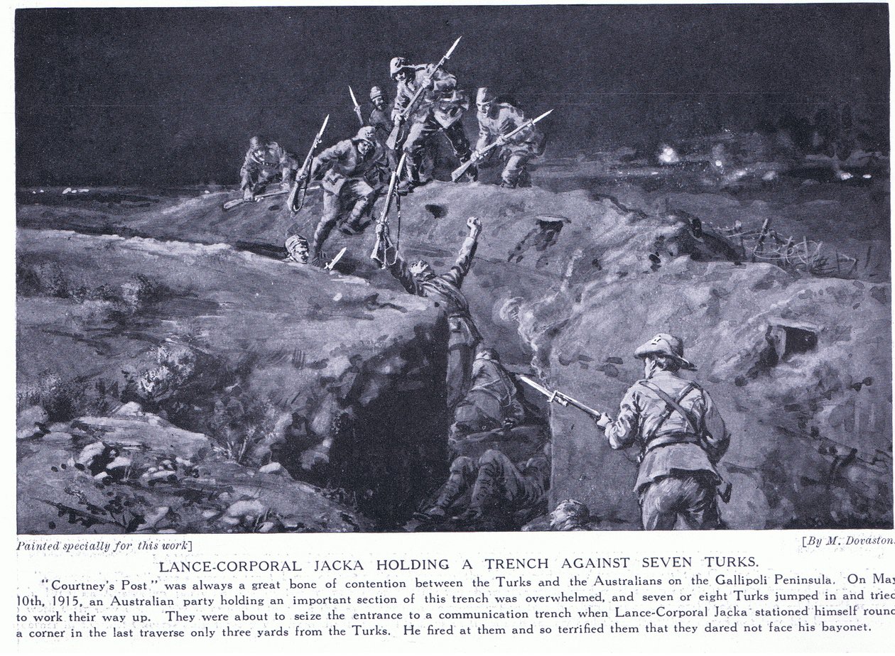 Kapral Jacka zdobywa VC, pokazując, jak jeden człowiek może pokonać siedmiu maj 1915 r. (litografia) autorstwa Margaret Dovaston