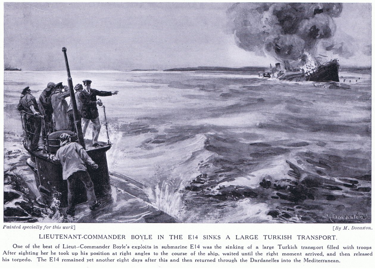 Komandor porucznik Boyle w E14 zatapia duży turecki transport 1915 (litografia) autorstwa Margaret Dovaston