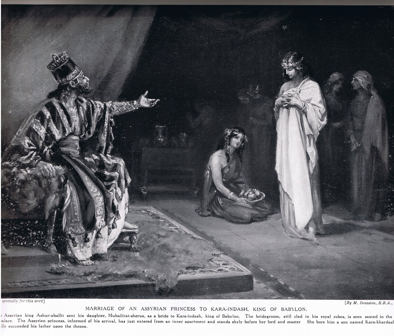 Małżeństwo asyryjskiej księżniczki z Kara-Indaszem, królem Babilonu, ilustracja z "Historii narodów" Hutchinsona (litografia) autorstwa Margaret Dovaston