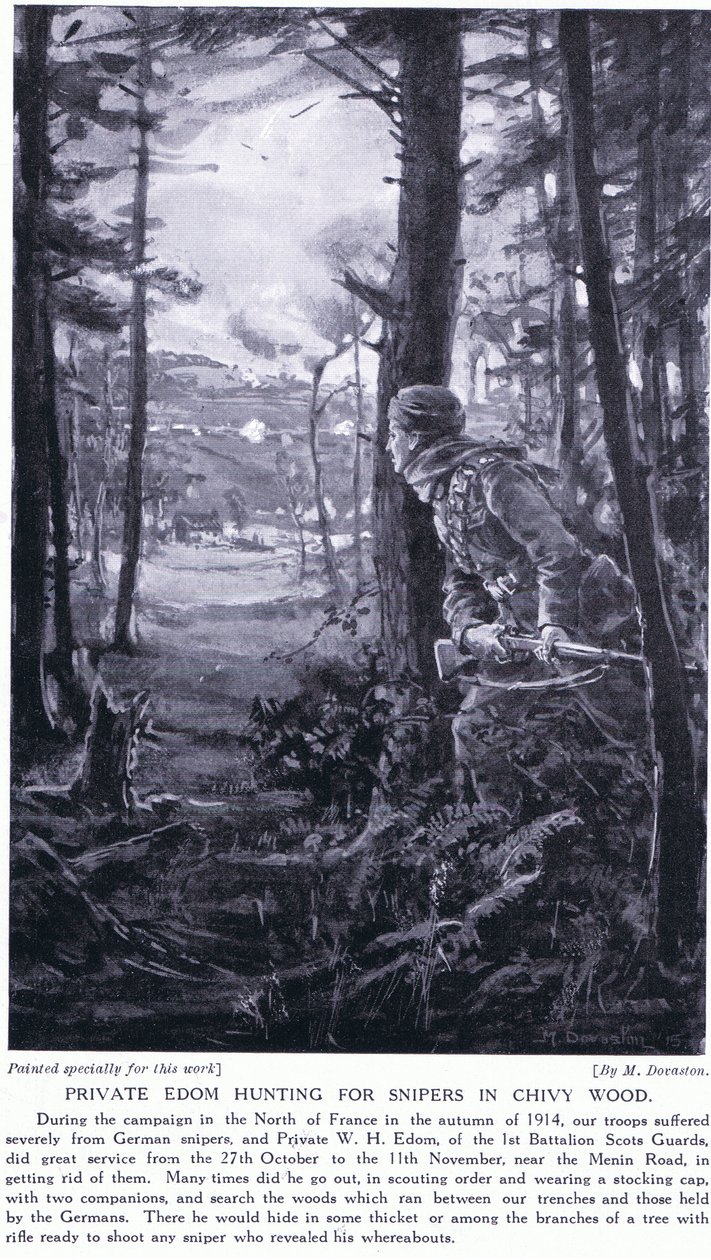 Szeregowy Edom polujący na snajperów w Chivy Wood, jesień 1914 r. (litografia) autorstwa Margaret Dovaston