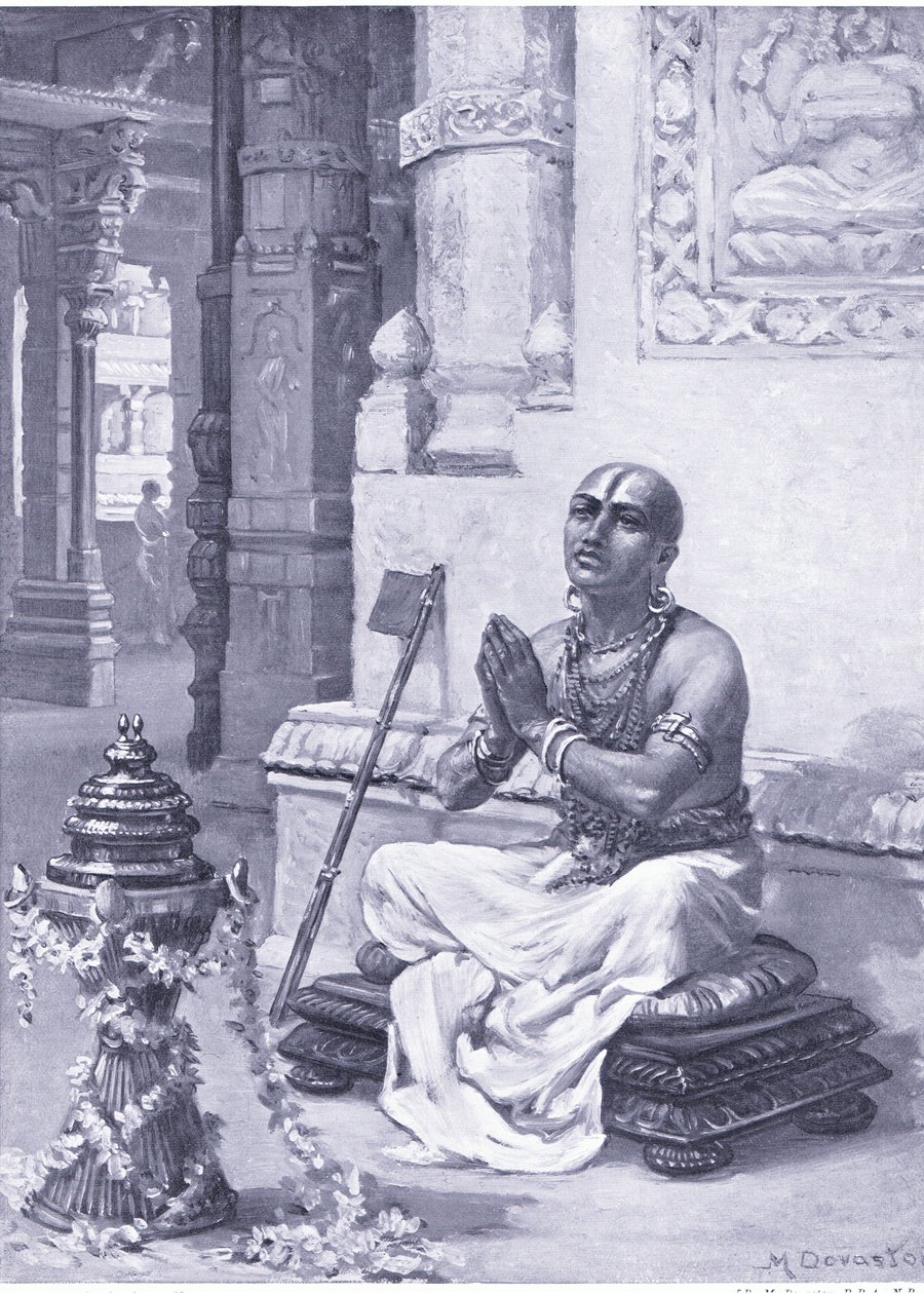 Ramanuja kontemplujący swoją filozofię jednego osobowego Boga, 1100 r. n.e. (litografia) autorstwa Margaret Dovaston