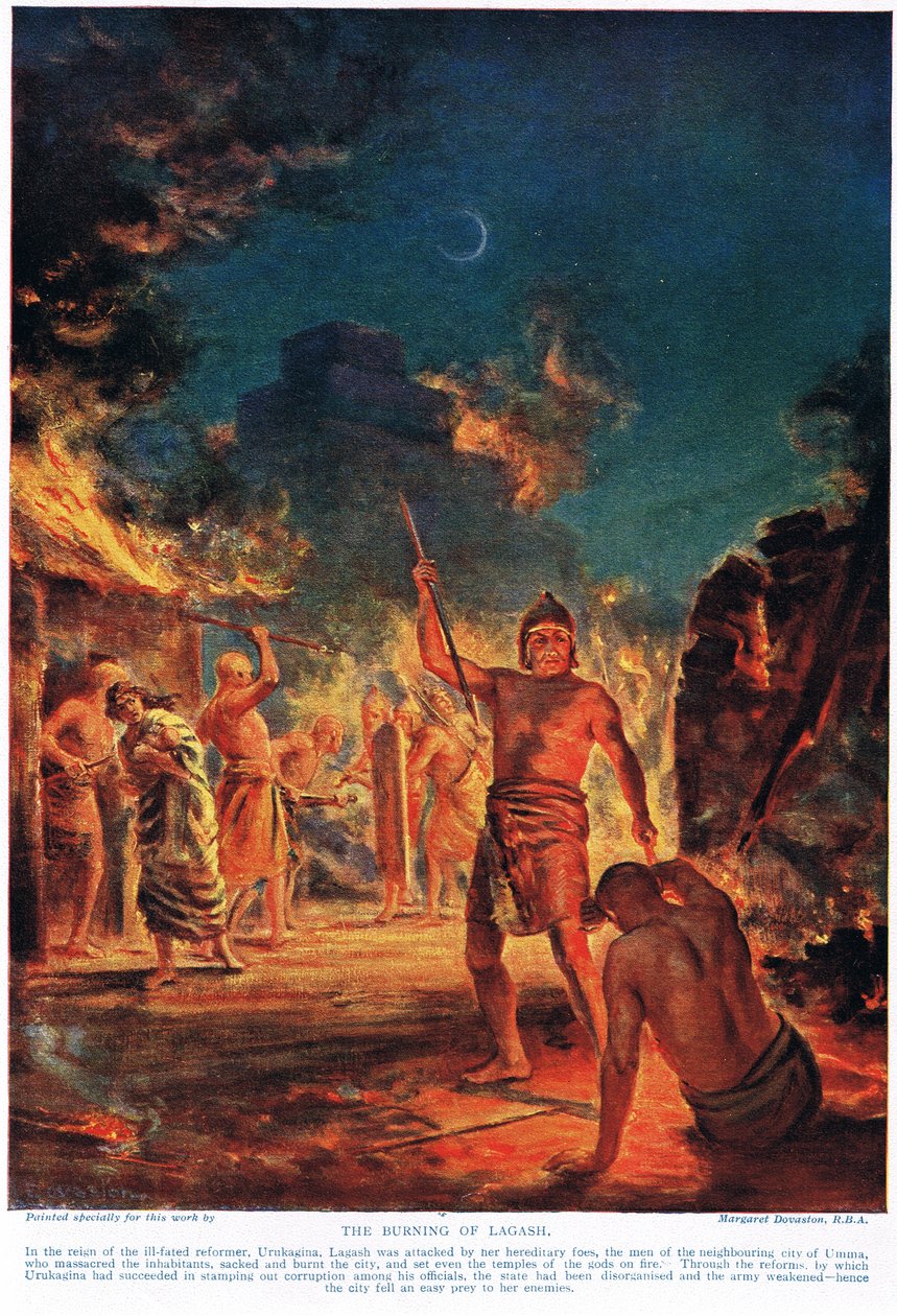 Spalenie Lagasz, ilustracja z "Historii narodów" Hutchinsona (kolorowa litografia) autorstwa Margaret Dovaston