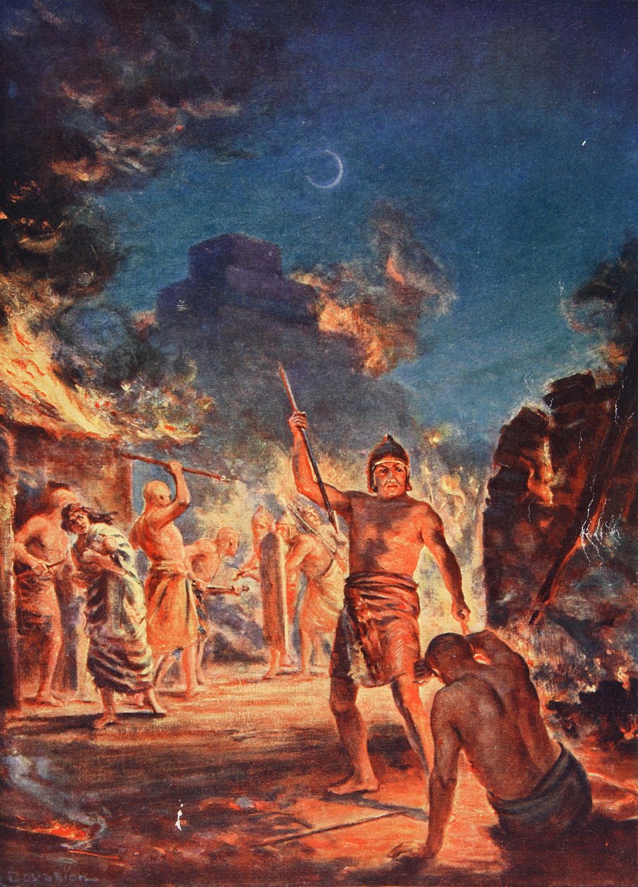 Spalenie Lagasz, ilustracja z "Historii narodów" Hutchinsona, ok. 1910 r. (kolorowa litografia) autorstwa Margaret Dovaston