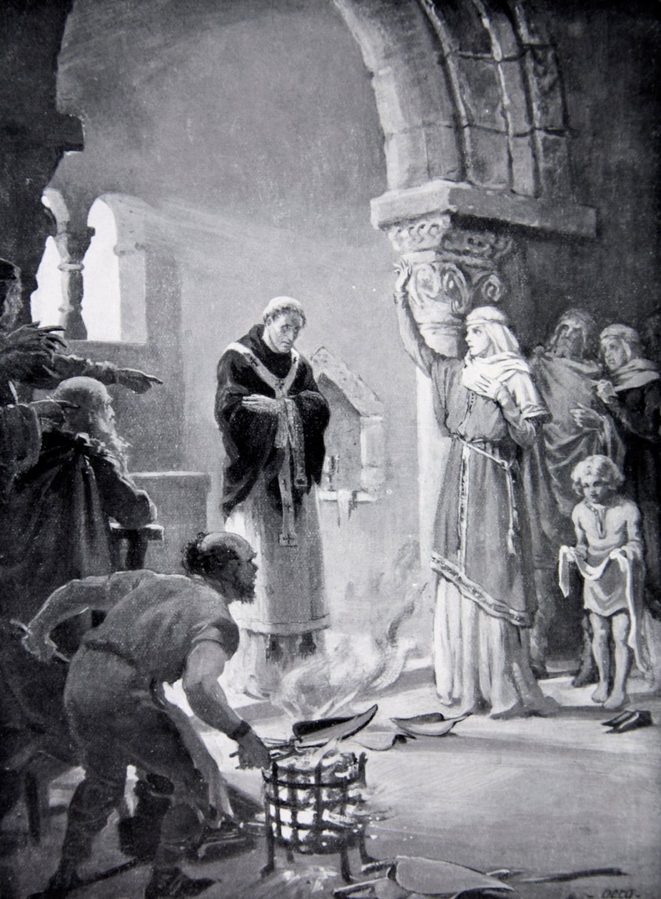 Sąd nad dziewięcioma lemieszami, ilustracja z "Historii narodu" (litografia) autorstwa Margaret Dovaston