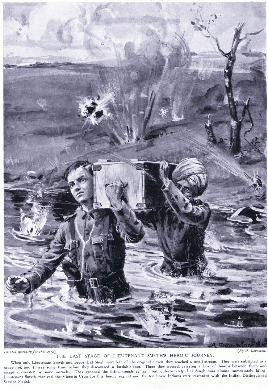 Ostatni etap bohaterskiej podróży porucznika Smytha: Odznaczony Krzyżem Wiktorii w maju 1915 r. (litografia) autorstwa Margaret Dovaston