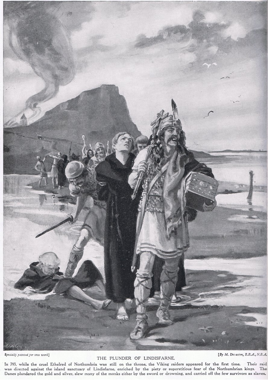 Splądrowanie Lindisfarne AD793 autorstwa Margaret Dovaston