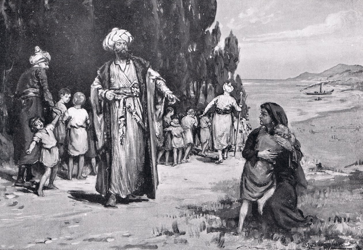 Hołd dzieci dla Turków, ilustracja z "Historii narodów" Hutchinsona autorstwa Margaret Dovaston