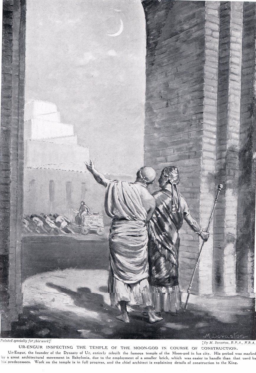 Ur-Engur dokonujący inspekcji Świątyni Boga Księżyca w trakcie budowy, ilustracja z "Historii narodów" Hutchinsona (litografia) autorstwa Margaret Dovaston