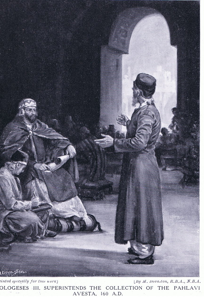 Vologeses III nadzoruje kolekcję Pahlavi Avesta 160AD (litografia) autorstwa Margaret Dovaston