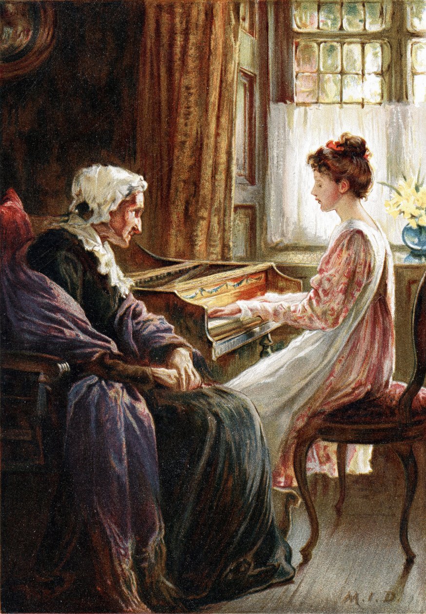 Ich wieczorny hymn. Chromolitografia według obrazu angielskiej artystki Margaret Isabel Dicksee (1858-1903) opublikowana w 1892 roku. Młoda dziewczyna gra na keyboardzie (klawesynie) swojej starszej babci. autorstwa Margaret Isabel Dicksee
