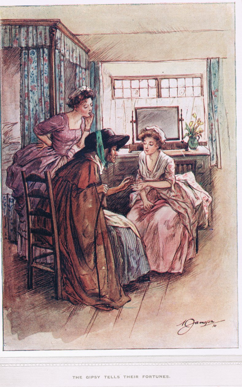 Cyganie przepowiadają swoją przyszłość, ilustracja z „Wikariusza Wakefielda” Olivera Goldsmitha, ok. 1910 autorstwa Margaret Jameson