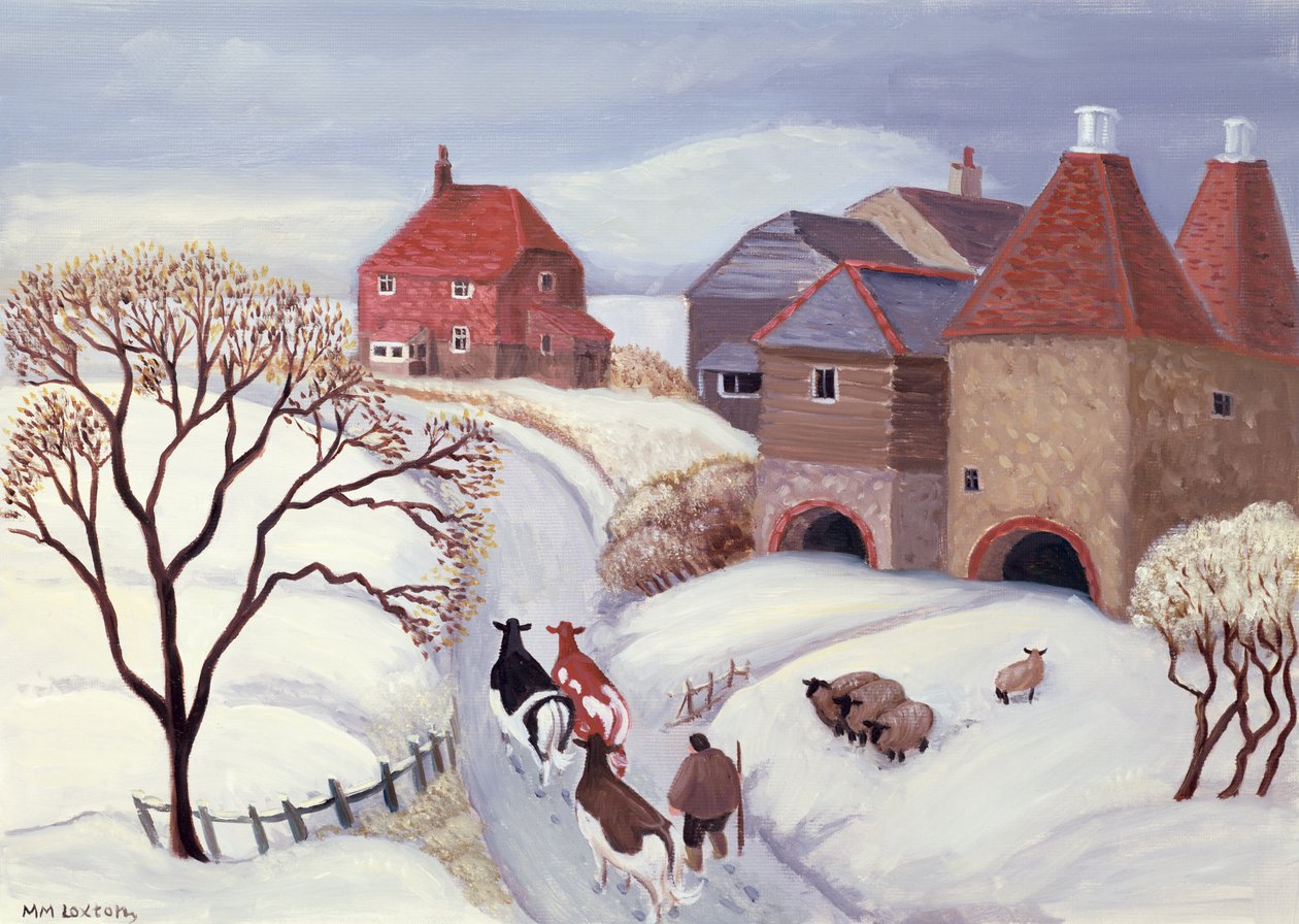 Zapędzanie krów do domu na śniegu autorstwa Margaret Loxton