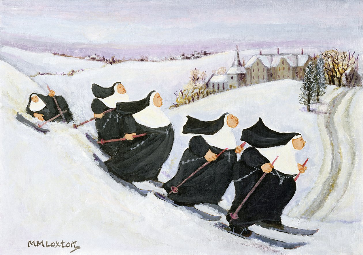 Narciarstwo (olej na papierze) autorstwa Margaret Loxton