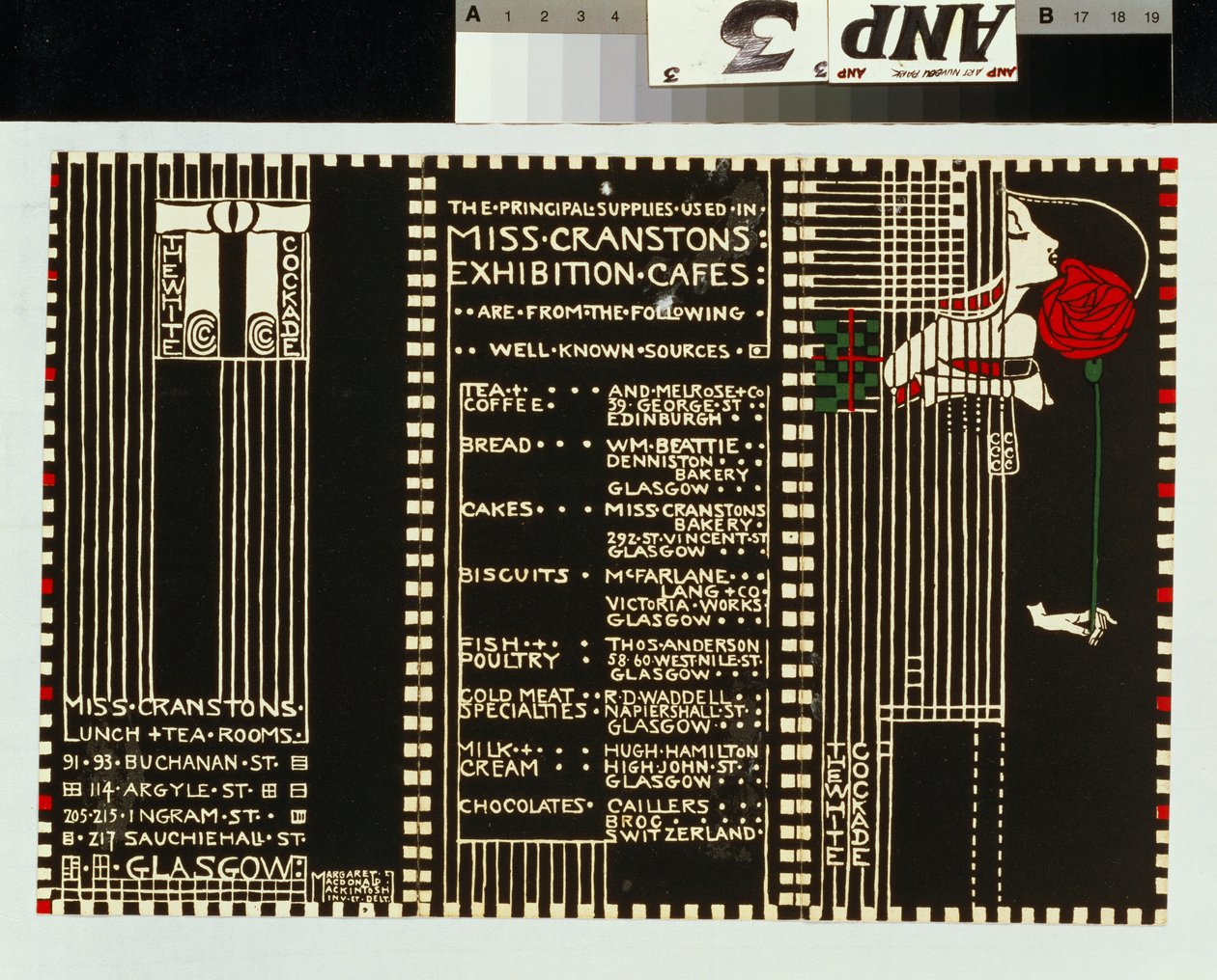 „Biała kokarda”, ilustracja do menu autorstwa Margaret MacDonald Mackintosh