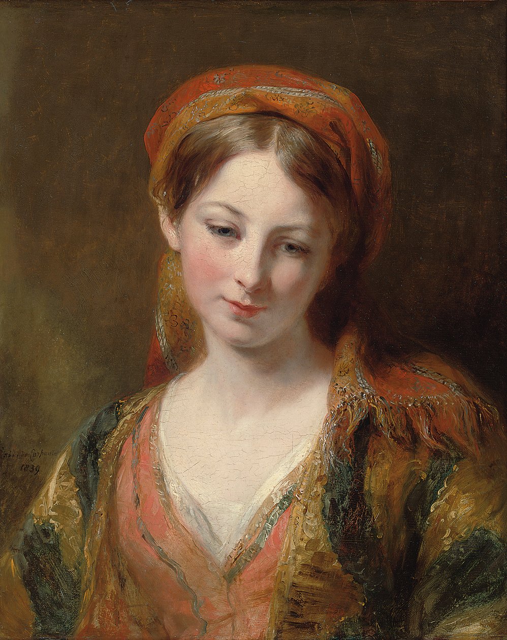 Portret młodej dziewczyny, uważanej za Henriettę Carpenter, długość biustu, w orientalnym stroju, 1839 autorstwa Margaret Sarah Carpenter