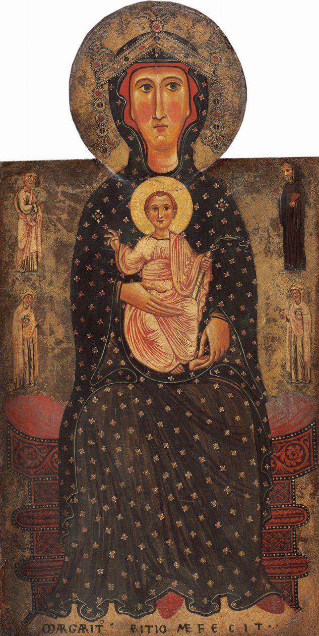 Madonna z Dzieciątkiem na tronie z Czterema Świętymi, c. 12401245. autorstwa Margarito d